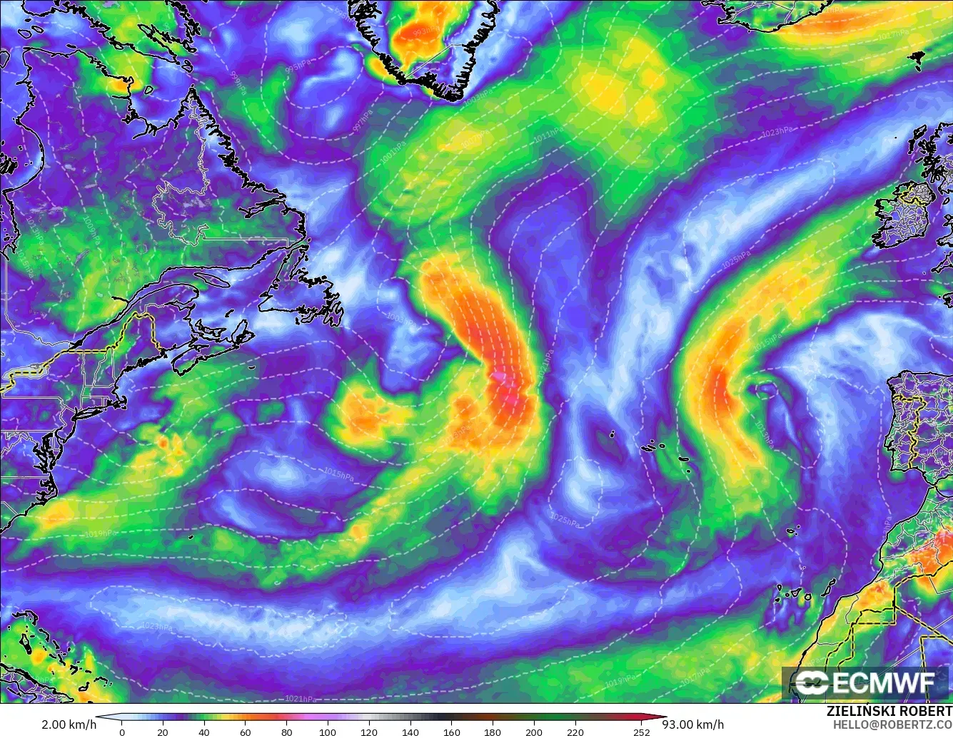 ECMWF IFS 0.25° modelo - Norte Atlántico, Ráfagas de viento