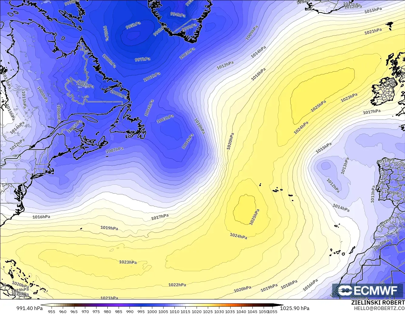 ECMWF IFS 0.25° modelo - Norte Atlántico, Presión