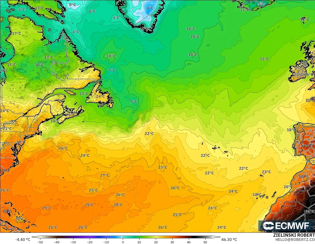 ECMWF IFS 0.25° modelo - Norte Atlántico, Temperatura a 2 m