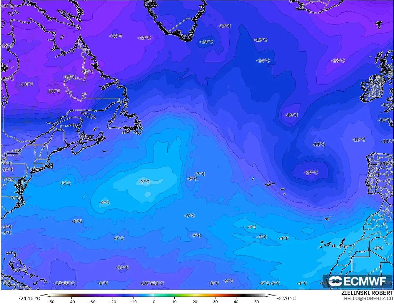 ECMWF IFS 0.25° modelo - Norte Atlántico, Temperatura a 500 hPa