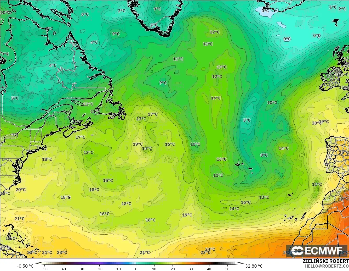 ECMWF IFS 0.25° modelo - Norte Atlántico, Temperatura a 850 hPa