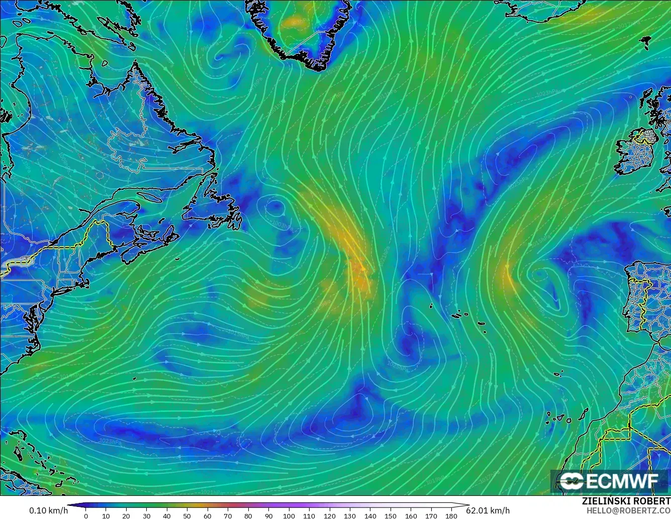 ECMWF IFS 0.25° modelo - Norte Atlántico, Viento a 10 m