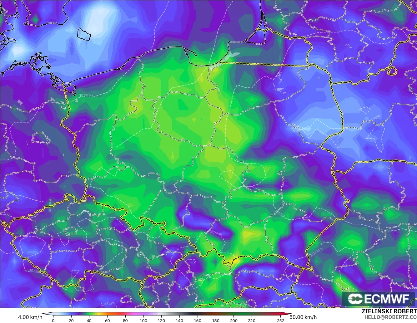 ECMWF IFS 0.25° modelo - Polonia, Ráfagas de Viento Máximas