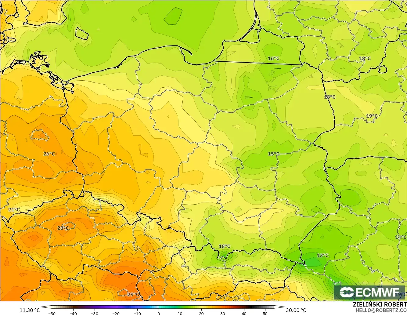 ECMWF IFS 0.25° modelo - Polonia, Temperatura a 2 m