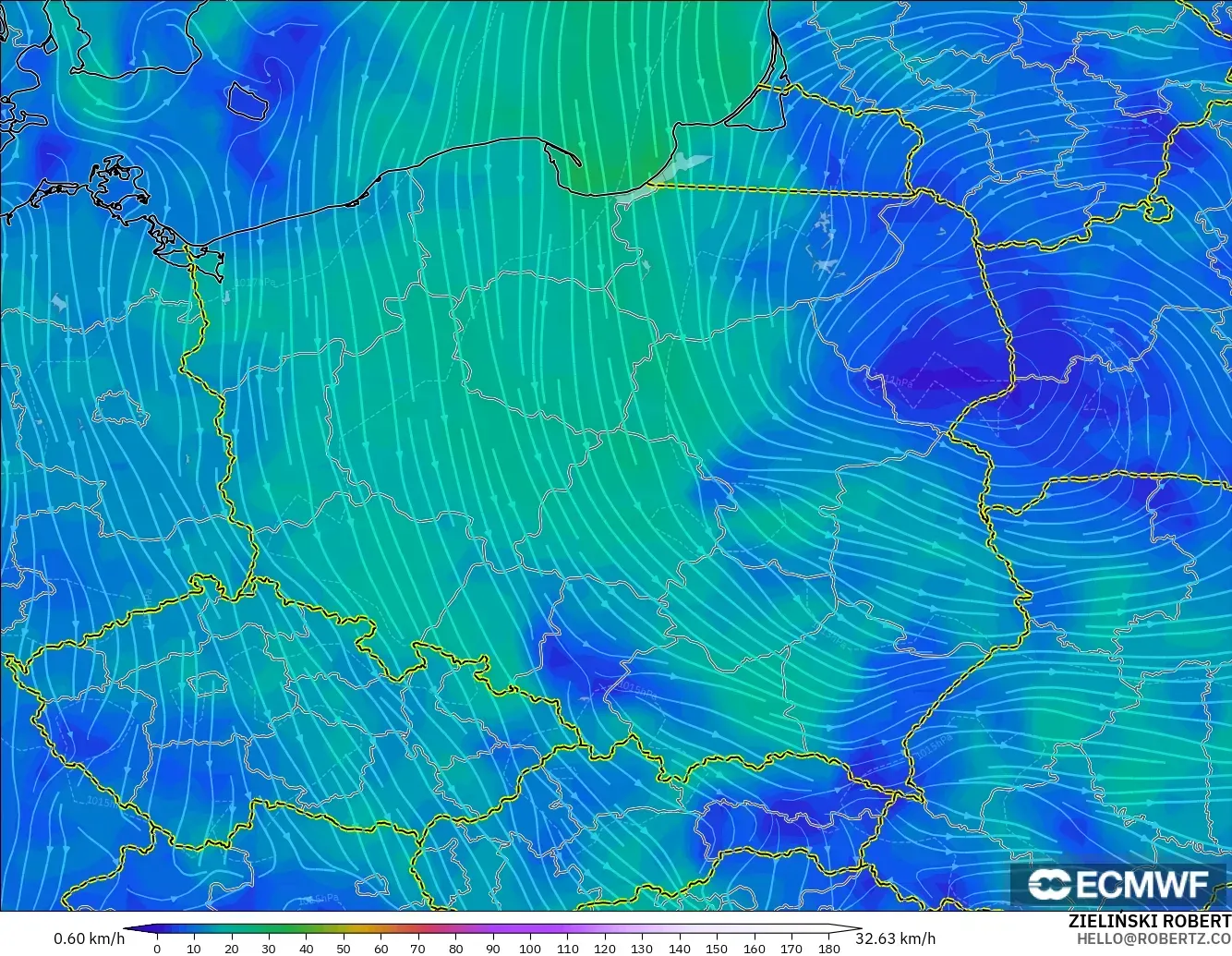 ECMWF IFS 0.25° modelo - Polonia, Viento a 10 m