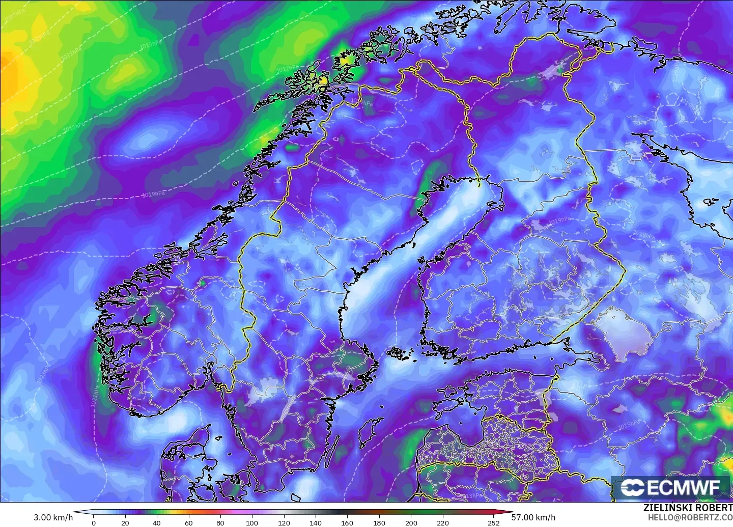 ECMWF IFS 0.25° modelo - Escandinavia, Ráfagas de viento
