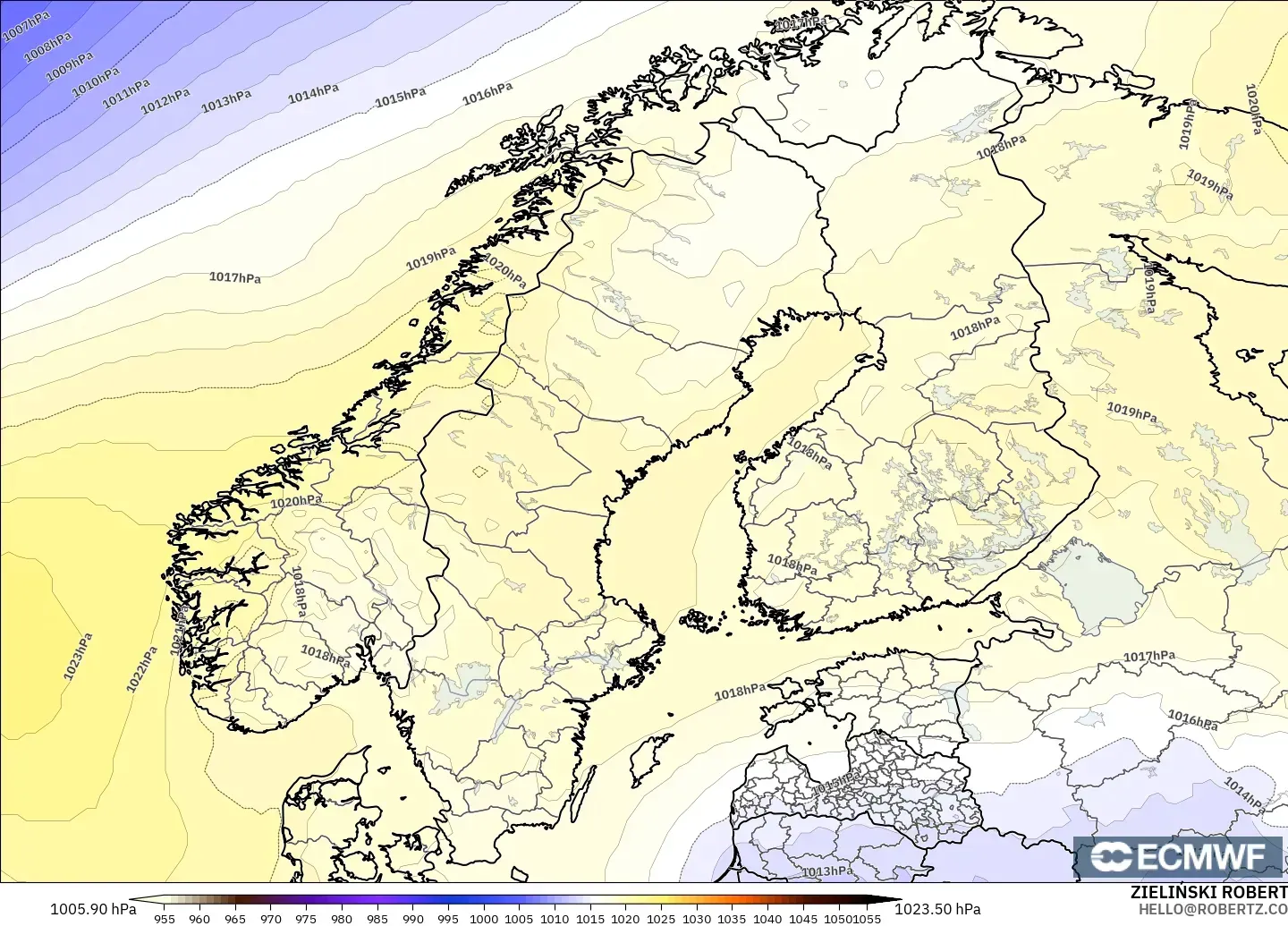 ECMWF IFS 0.25° modelo - Escandinavia, Presión