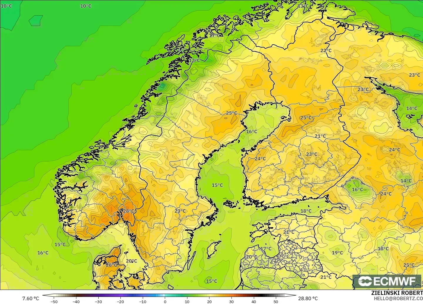 ECMWF IFS 0.25° modelo - Escandinavia, Temperatura a 2 m