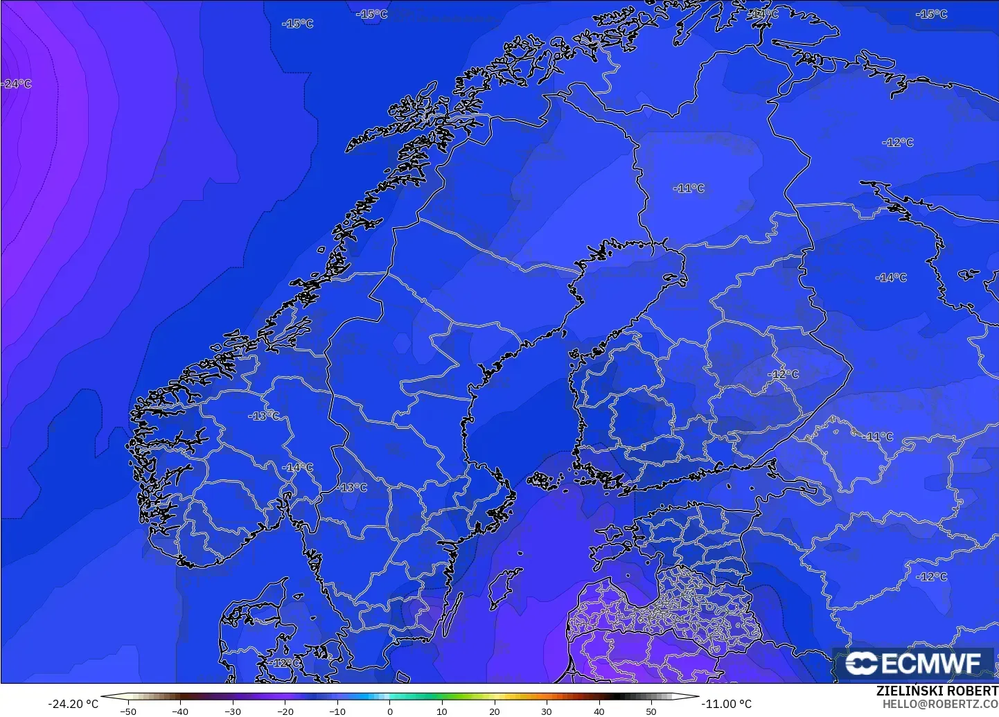 ECMWF IFS 0.25° modelo - Escandinavia, Temperatura a 500 hPa