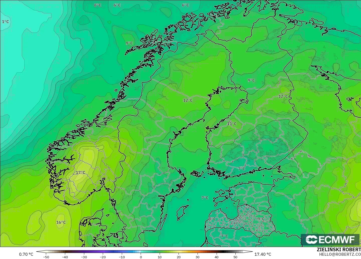 ECMWF IFS 0.25° modelo - Escandinavia, Temperatura a 850 hPa