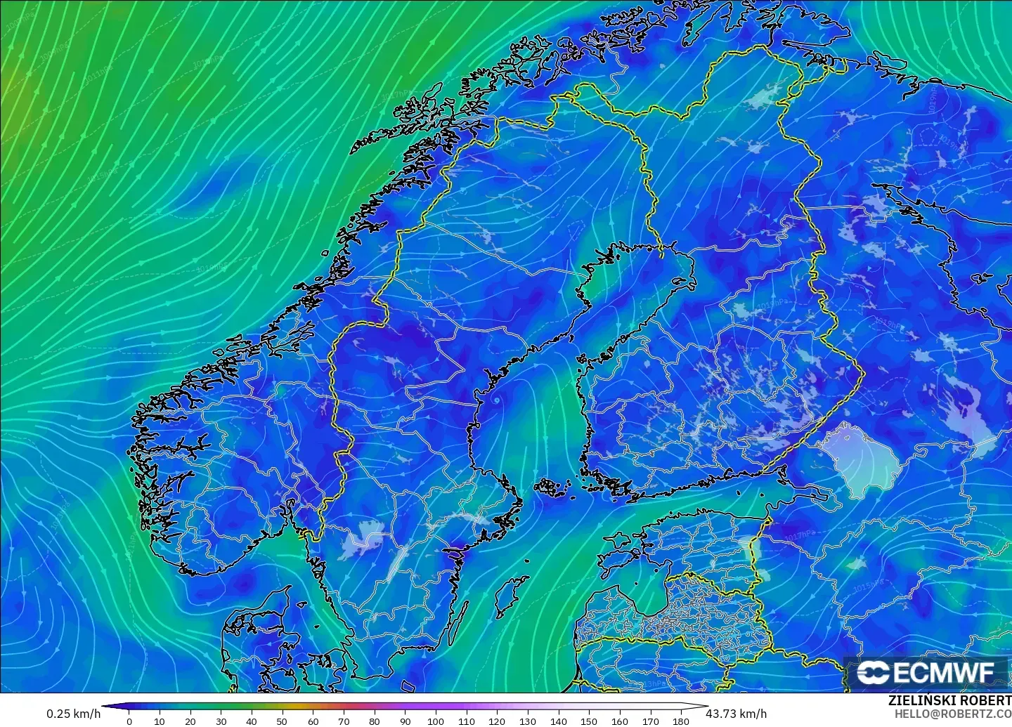 ECMWF IFS 0.25° modelo - Escandinavia, Viento a 10 m