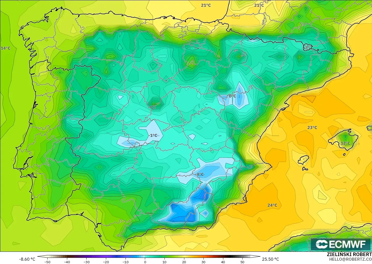 ECMWF IFS 0.25° modelo - España, Punto de rocío a 2 m