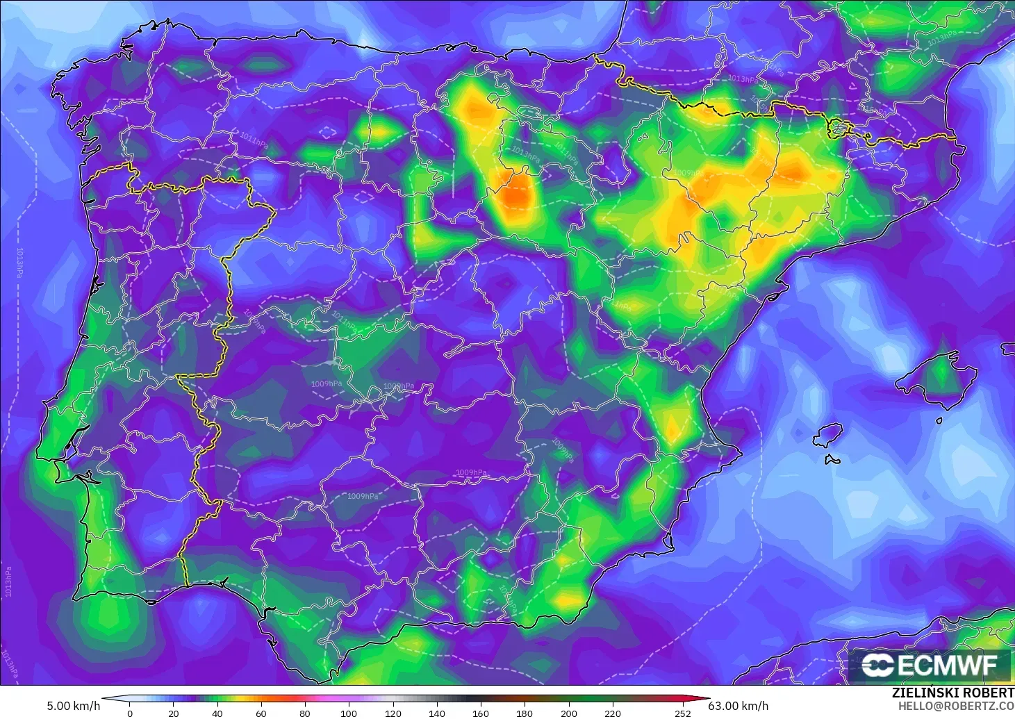 ECMWF IFS 0.25° modelo - España, Ráfagas de viento