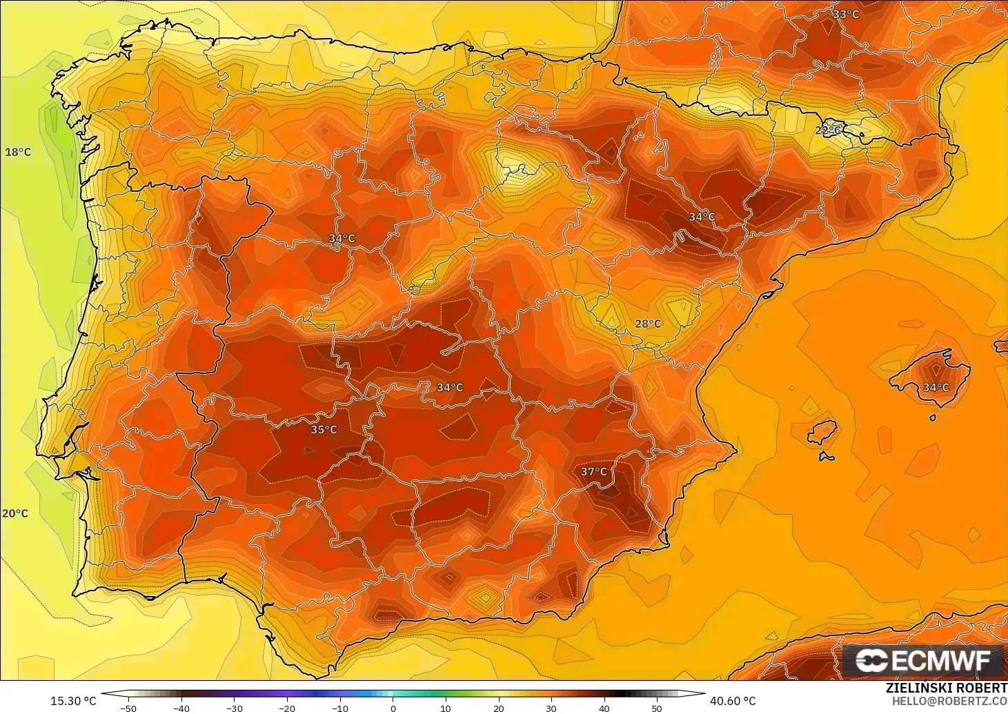 ECMWF IFS 0.25° modelo - España, Temperatura a 2 m