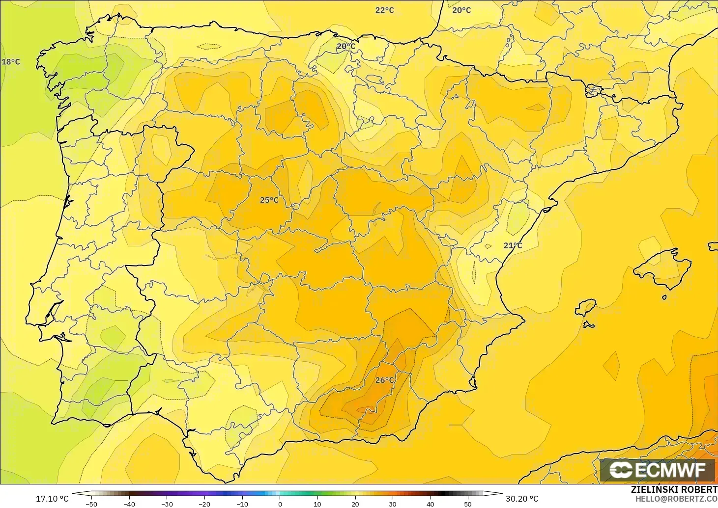 ECMWF IFS 0.25° modelo - España, Temperatura a 850 hPa
