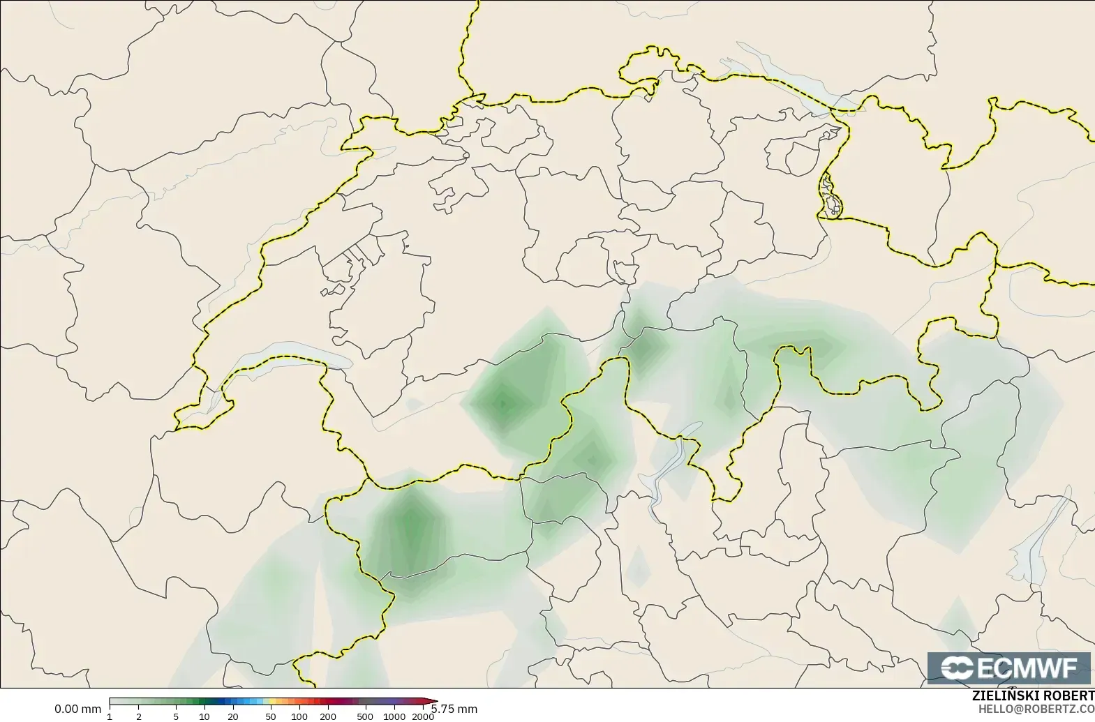 ECMWF IFS 0.25° modelo - Suiza, Acumulación de precipitación