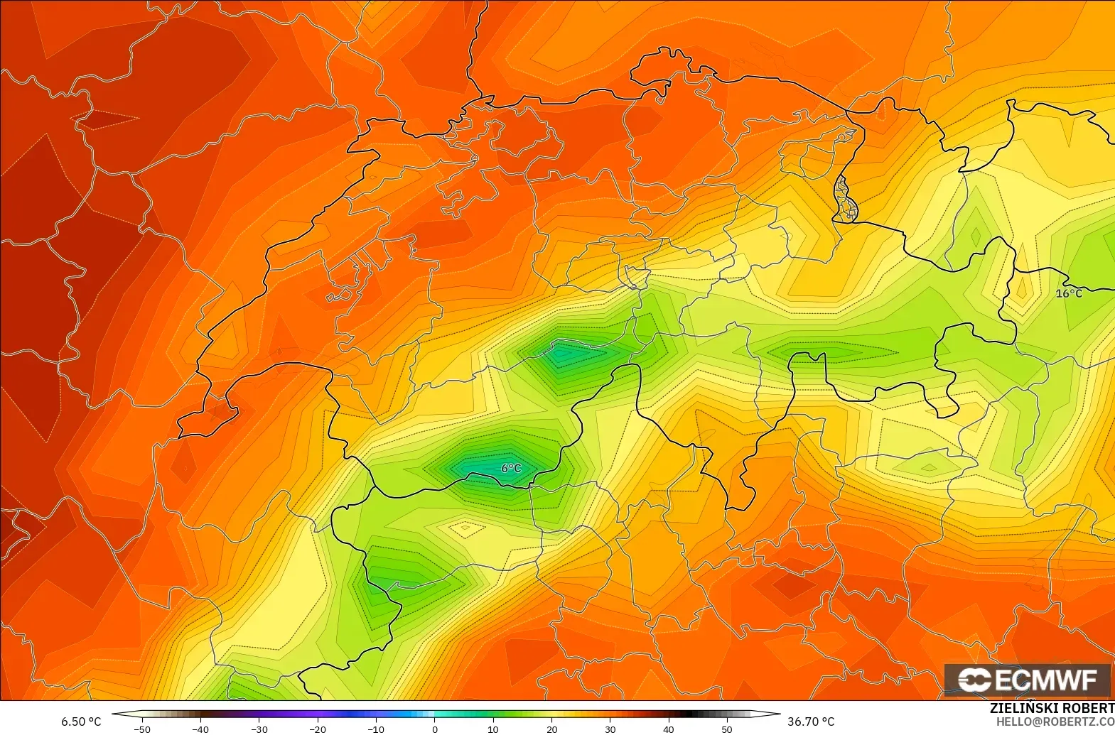 ECMWF IFS 0.25° modelo - Suiza, Temperatura a 2 m