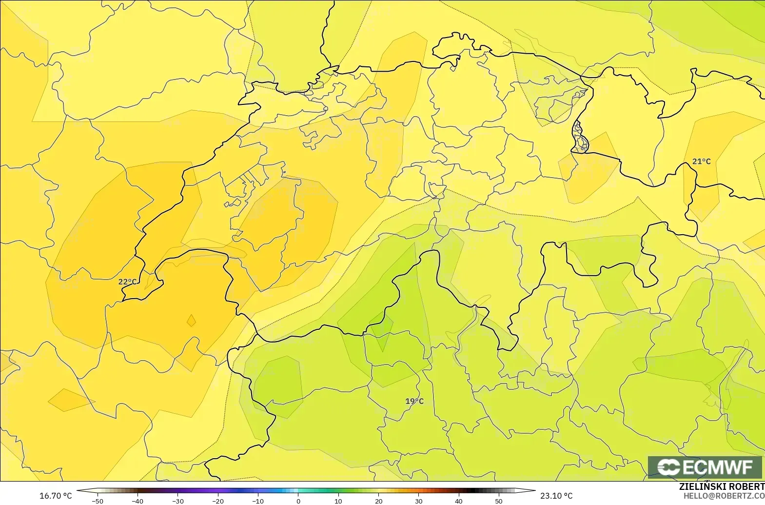 ECMWF IFS 0.25° modelo - Suiza, Temperatura a 850 hPa