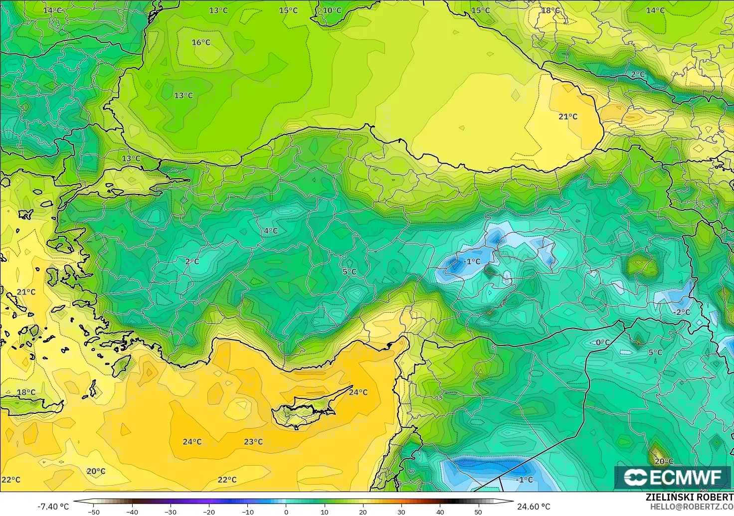 ECMWF IFS 0.25° modelo - Turquía, Punto de rocío a 2 m
