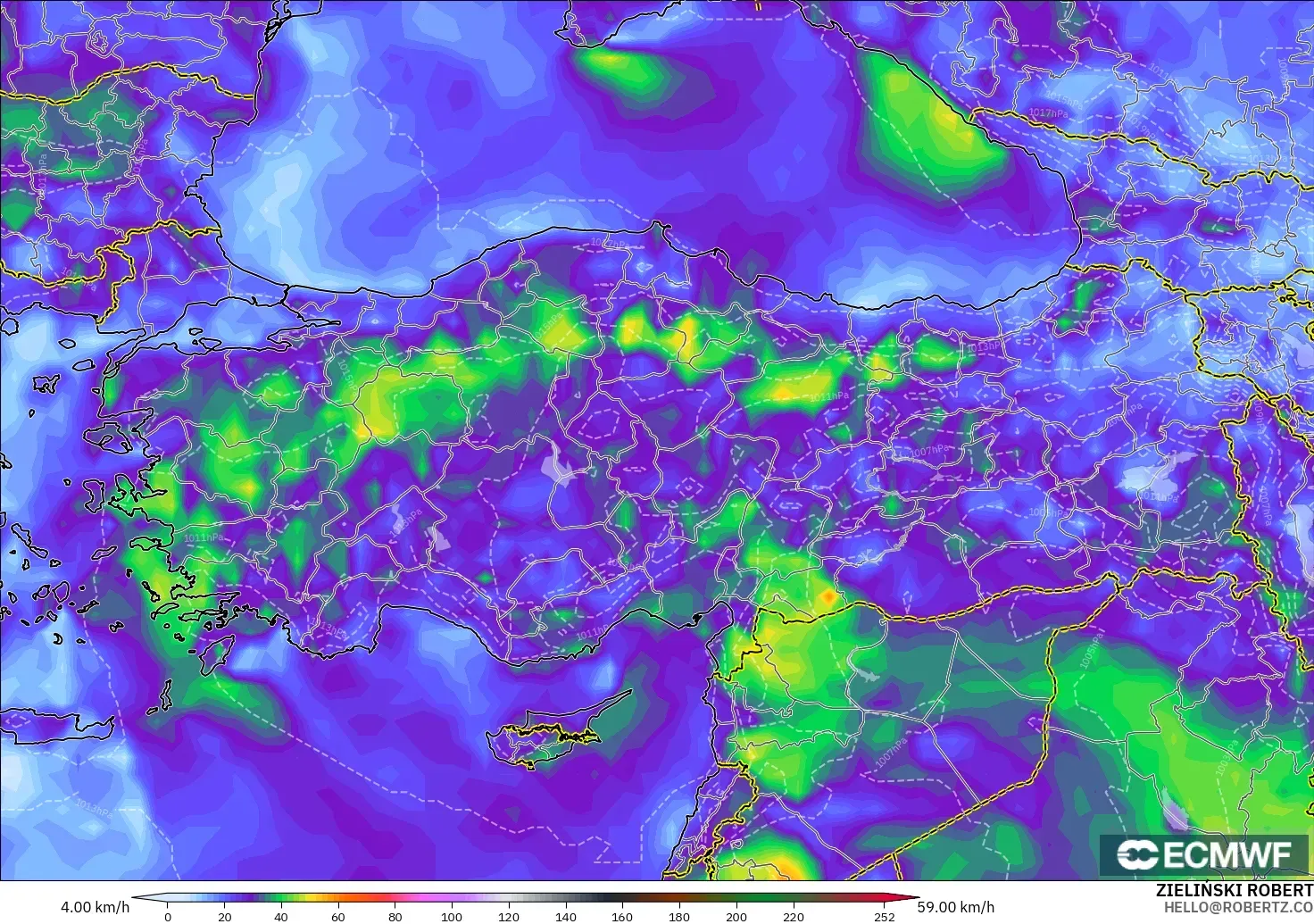 ECMWF IFS 0.25° modelo - Turquía, Ráfagas de Viento Máximas