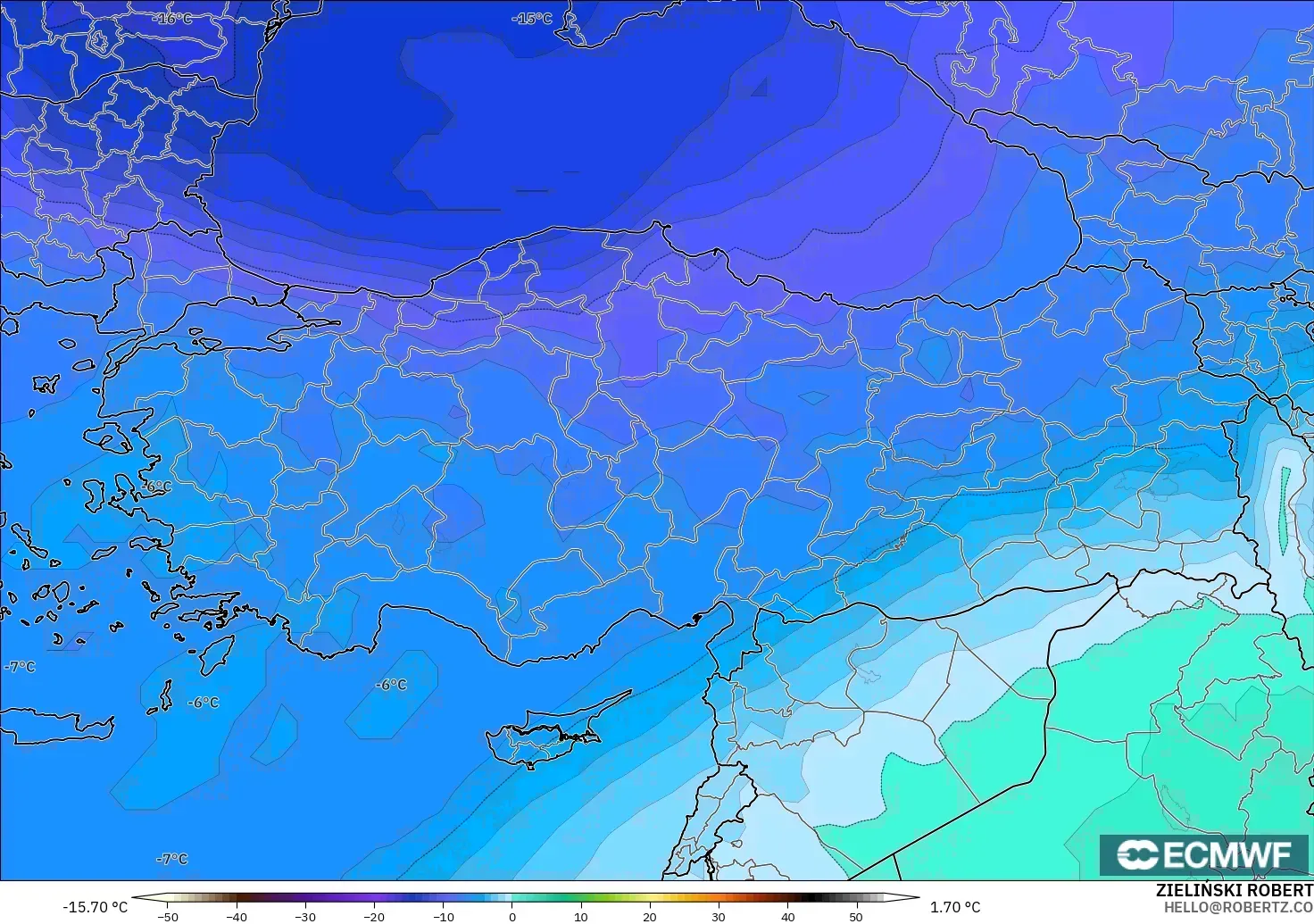 ECMWF IFS 0.25° modelo - Turquía, Temperatura a 500 hPa