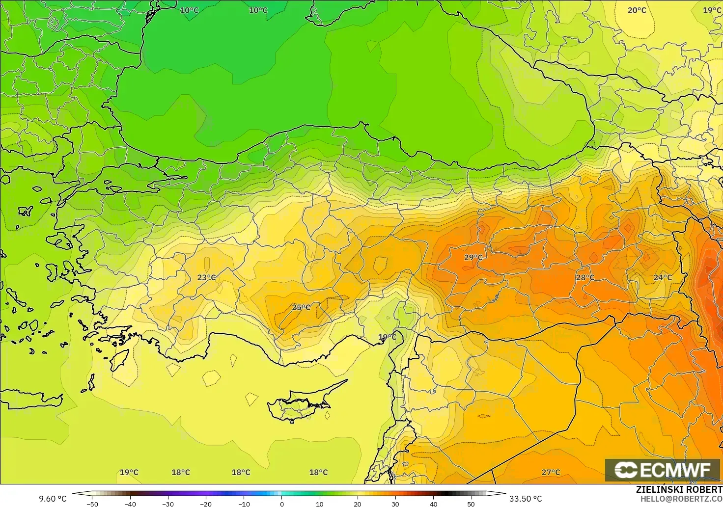 ECMWF IFS 0.25° modelo - Turquía, Temperatura a 850 hPa