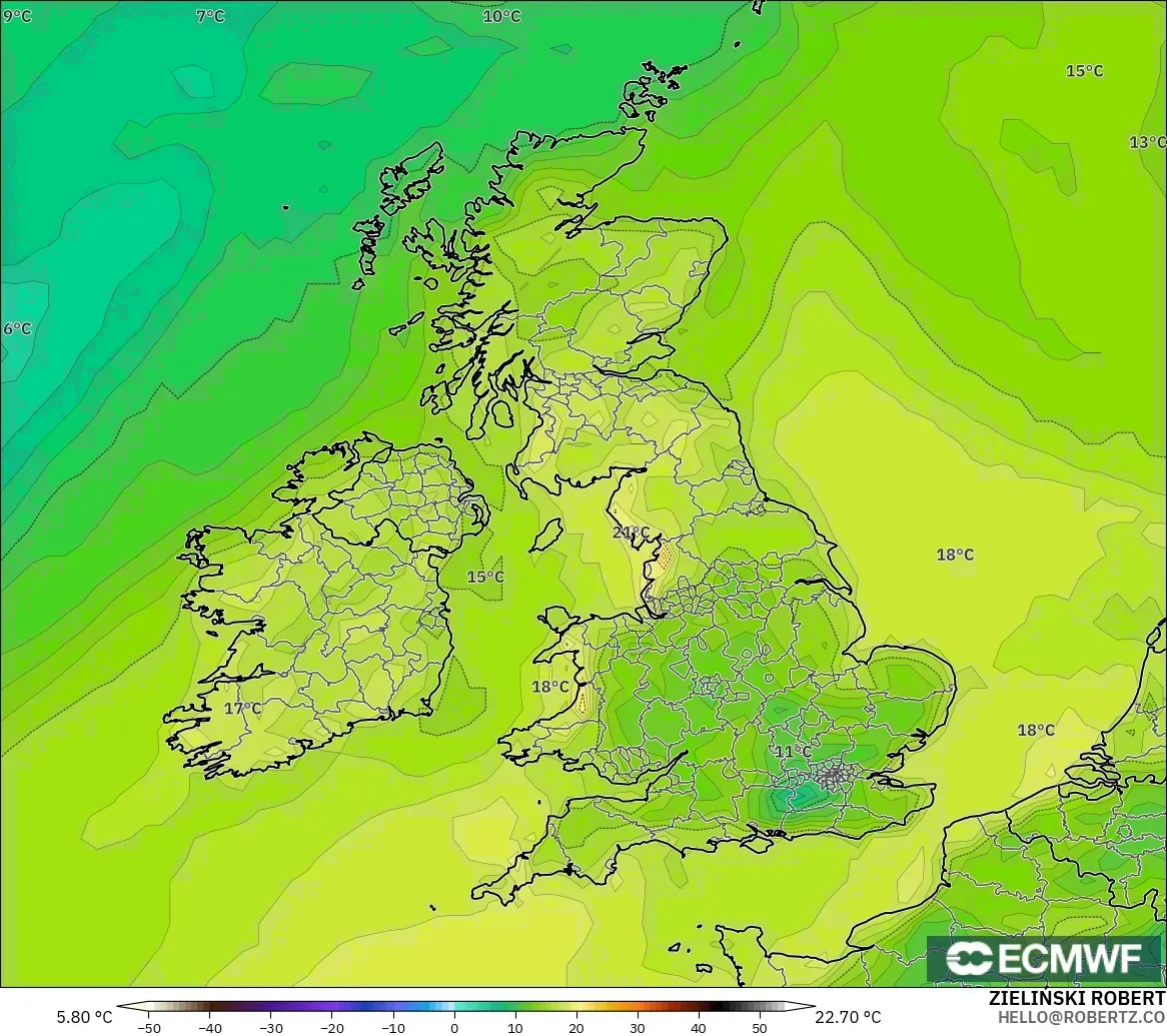 ECMWF IFS 0.25° modelo - Reino Unido, Punto de rocío a 2 m