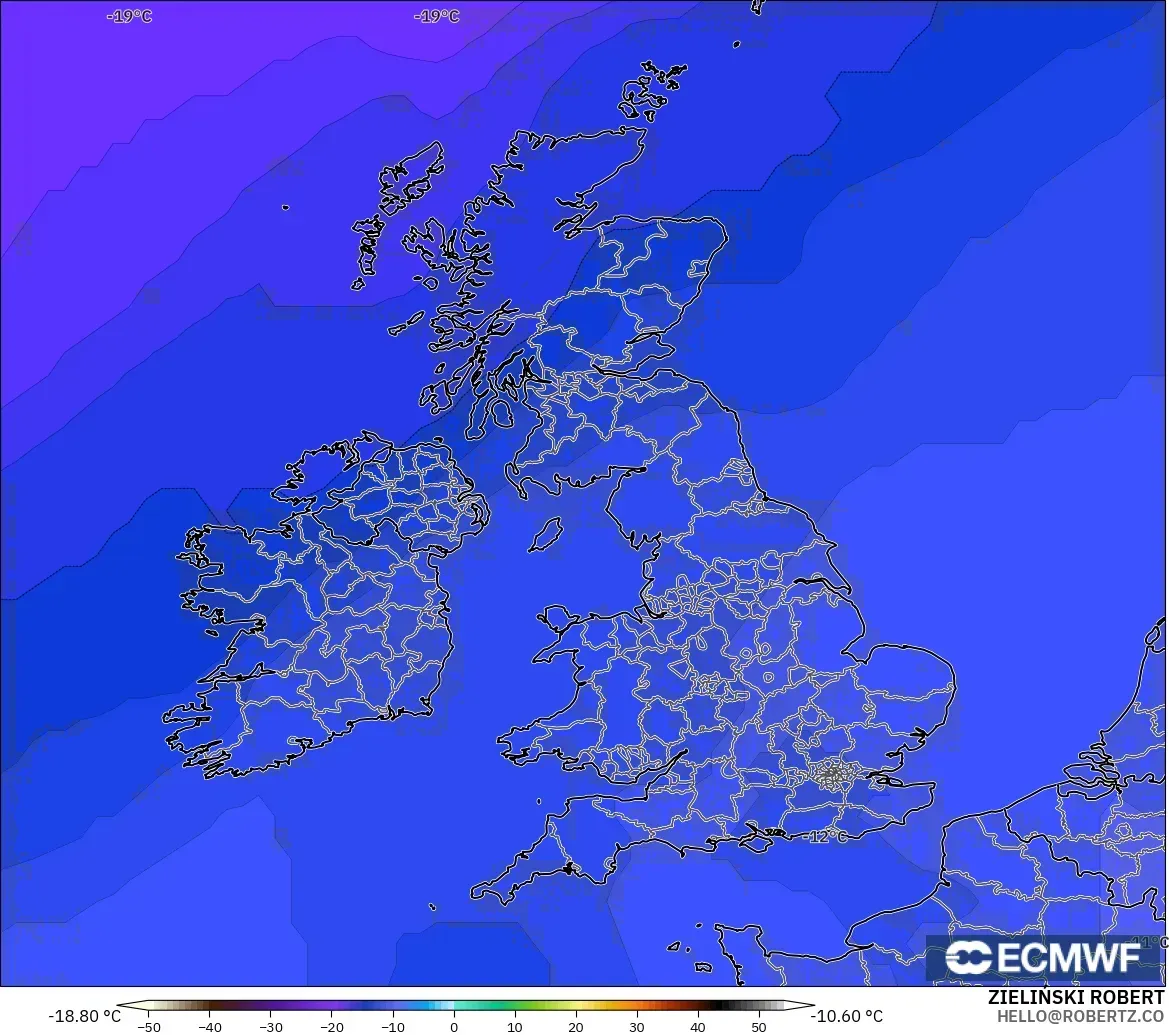 ECMWF IFS 0.25° modelo - Reino Unido, Temperatura a 500 hPa