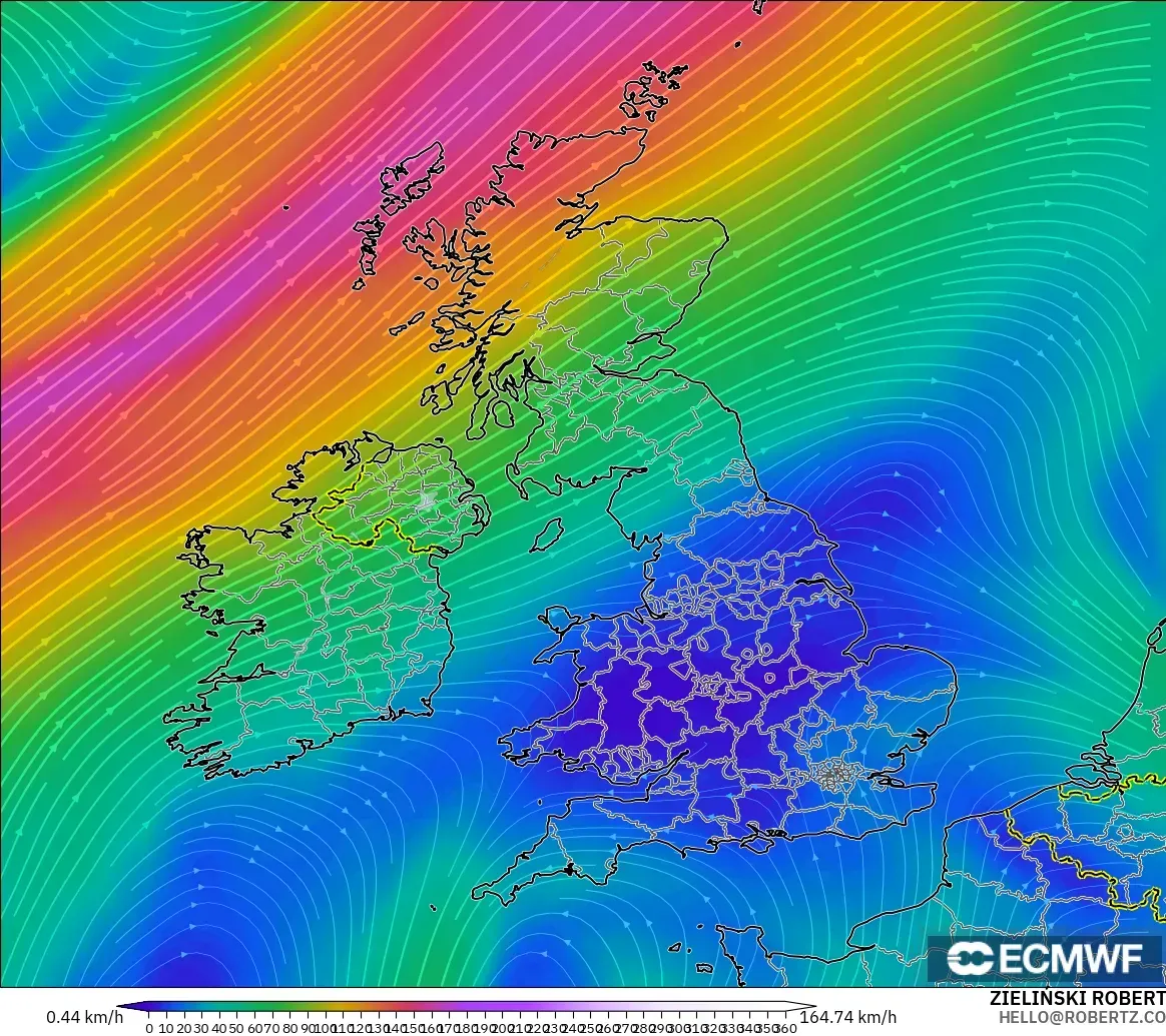 ECMWF IFS 0.25° modelo - Reino Unido, Viento a 300 hPa (corriente en chorro)