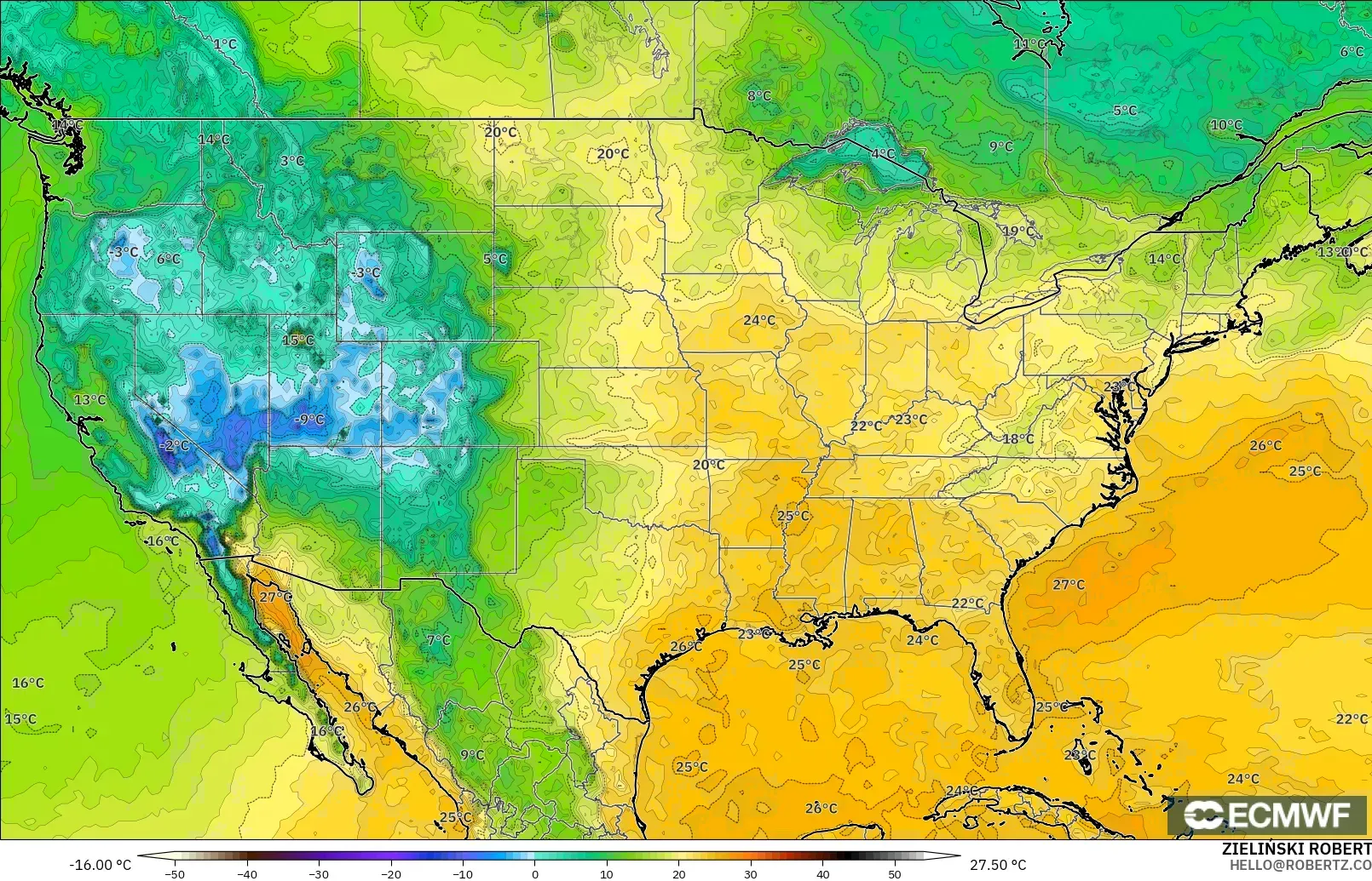 ECMWF IFS 0.25° modelo - Estados Unidos, Punto de rocío a 2 m