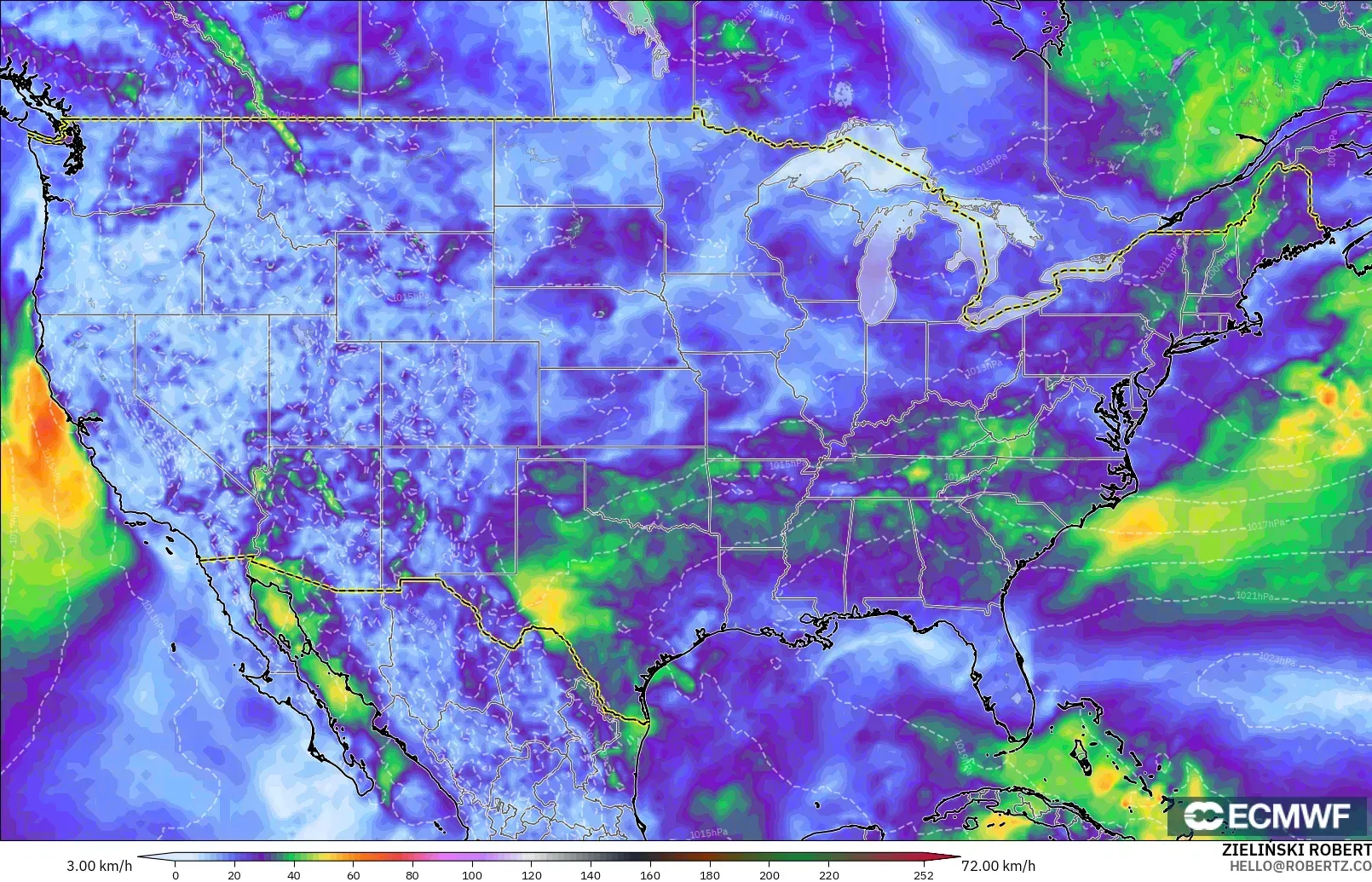 ECMWF IFS 0.25° modelo - Estados Unidos, Ráfagas de Viento Máximas
