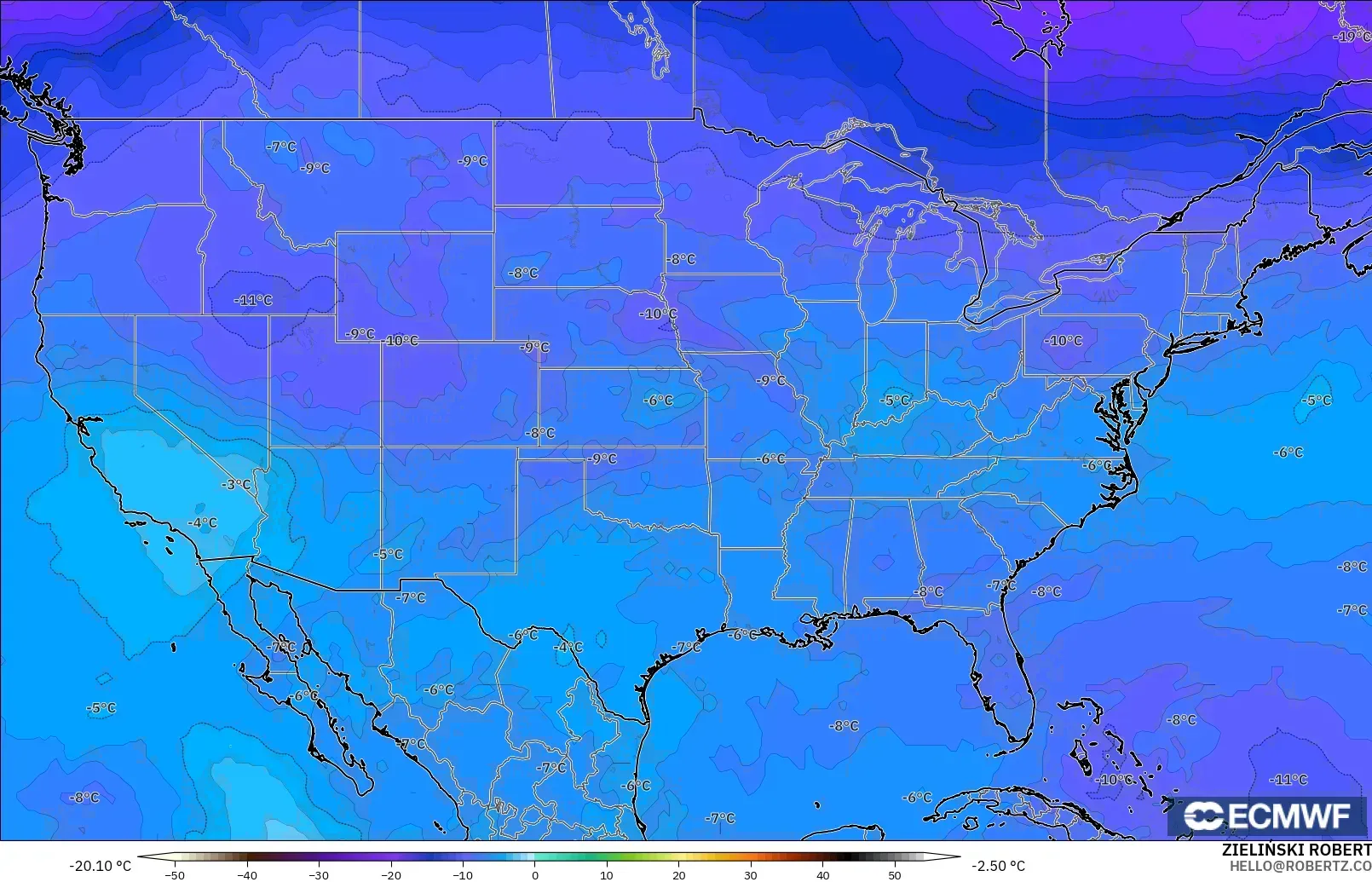 ECMWF IFS 0.25° modelo - Estados Unidos, Temperatura a 500 hPa