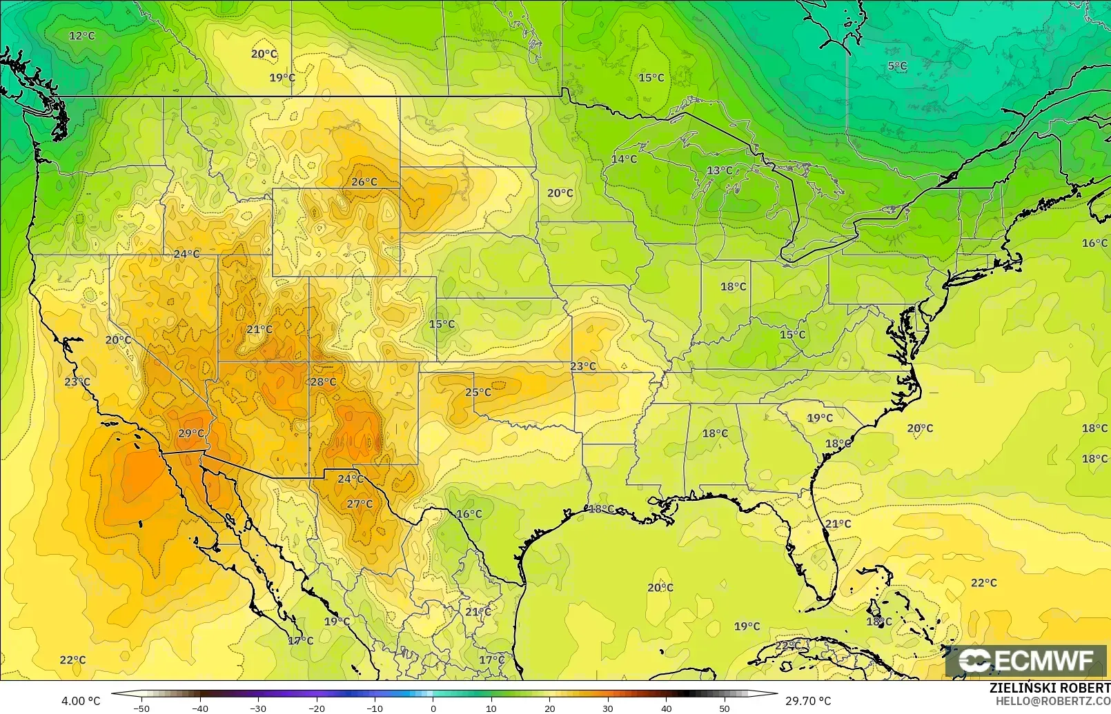 ECMWF IFS 0.25° modelo - Estados Unidos, Temperatura a 850 hPa