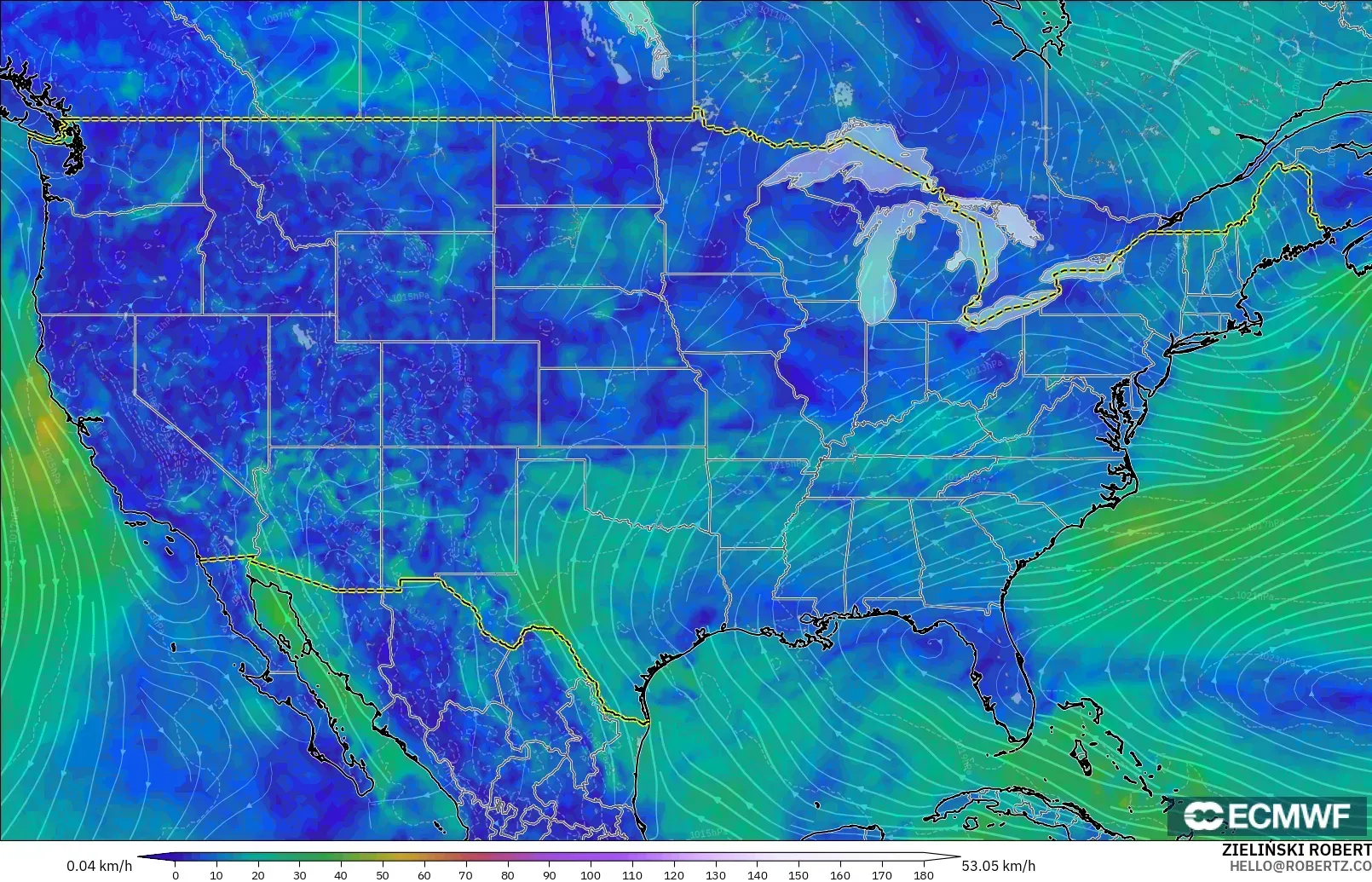 ECMWF IFS 0.25° modelo - Estados Unidos, Viento a 10 m