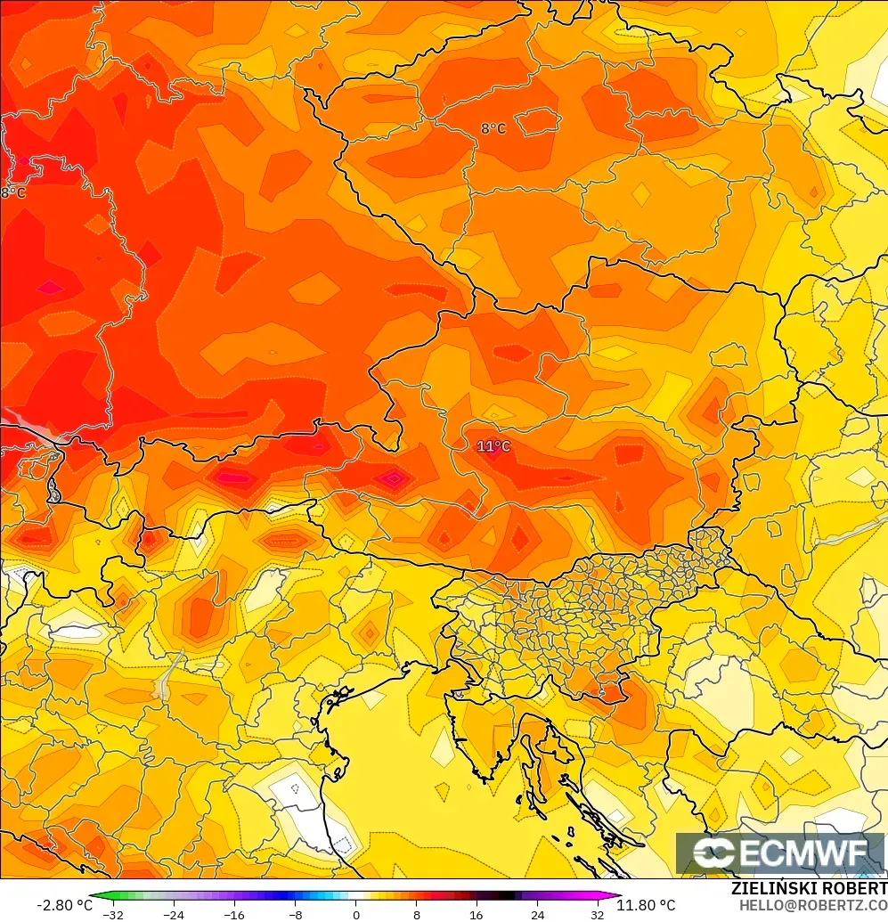 ECMWF IFS 0.25° modelo - Austria, Anomalía de temperatura a 2 m