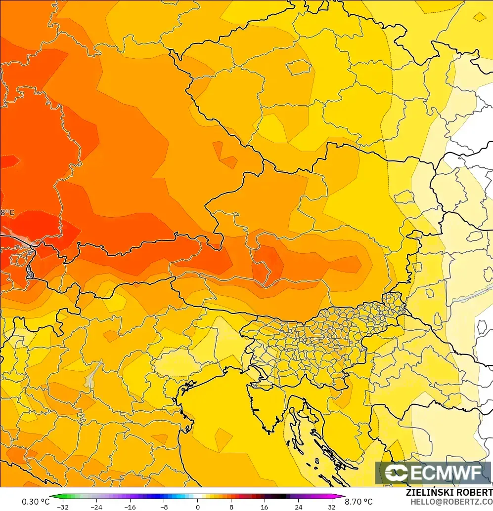 ECMWF IFS 0.25° modelo - Austria, Anomalía de temperatura a 850 hPa