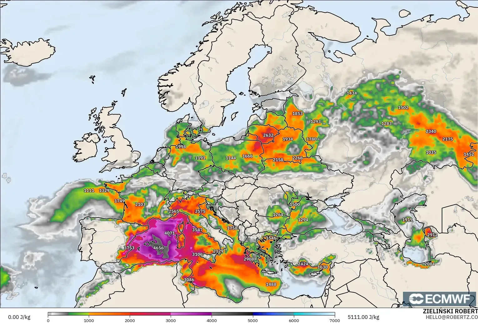 ECMWF IFS 0.25° modelo - Europa, CAPE