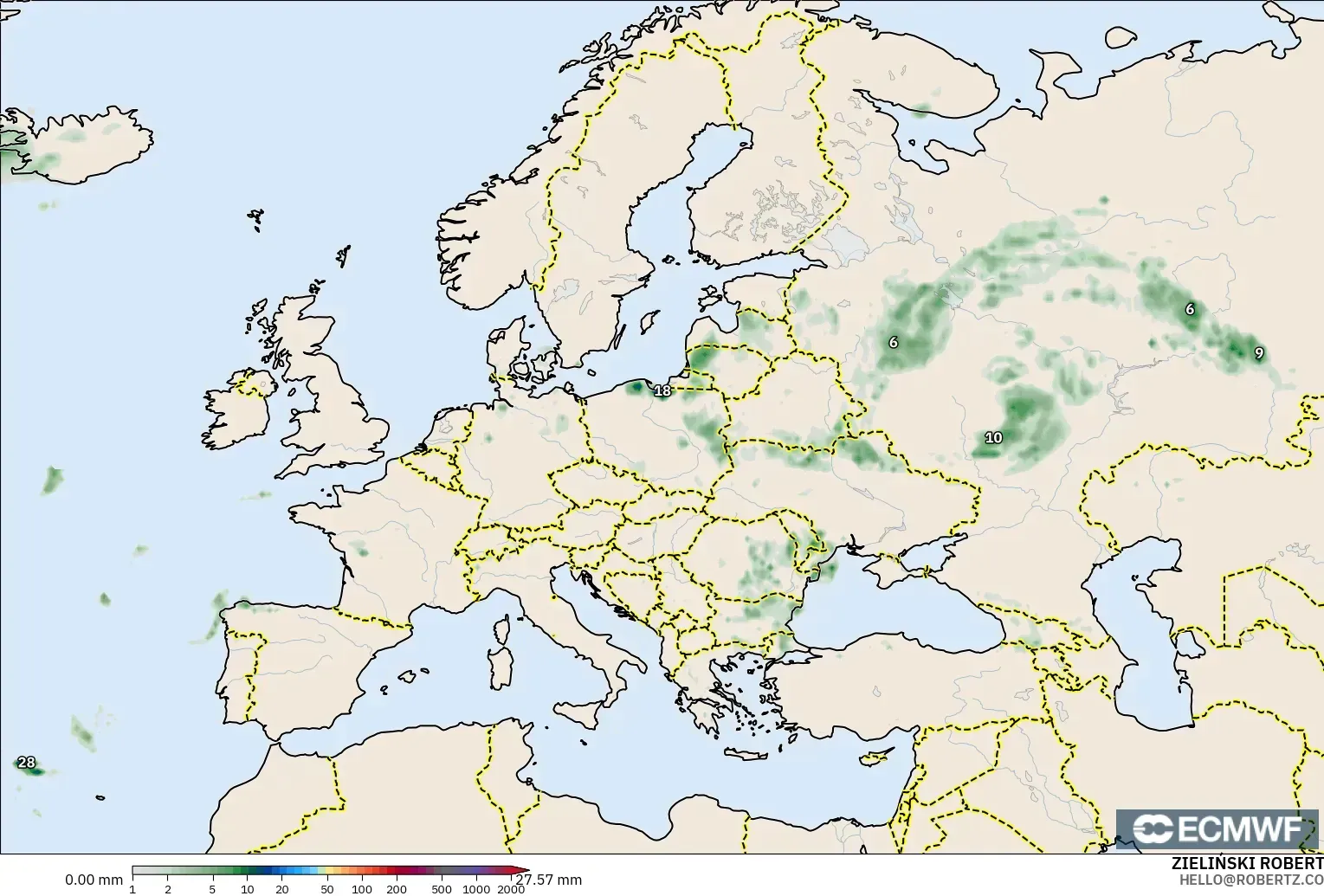 ECMWF IFS 0.25° modelo - Europa, Acumulación de precipitación
