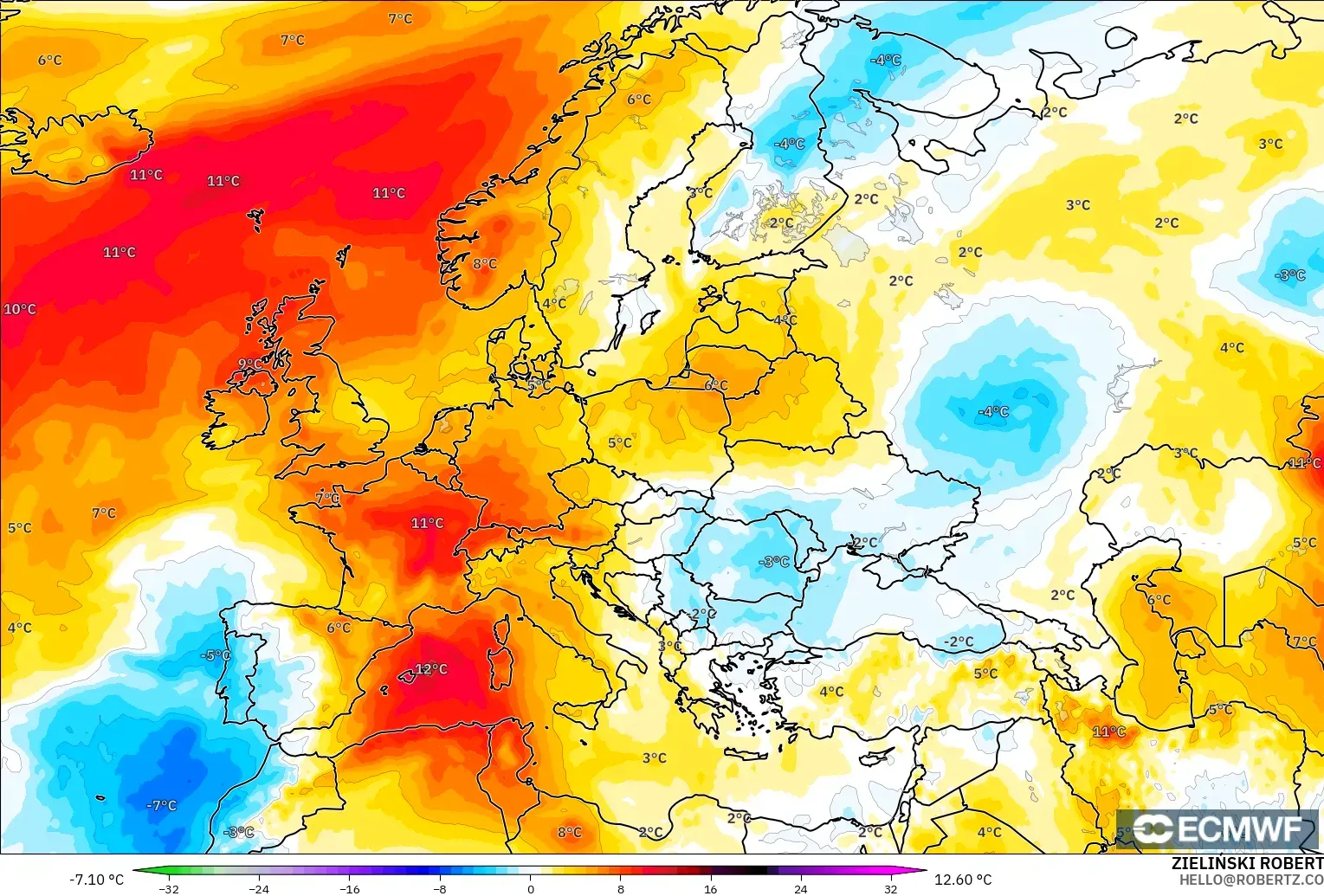 ECMWF IFS 0.25° modelo - Europa, Anomalía de temperatura a 850 hPa