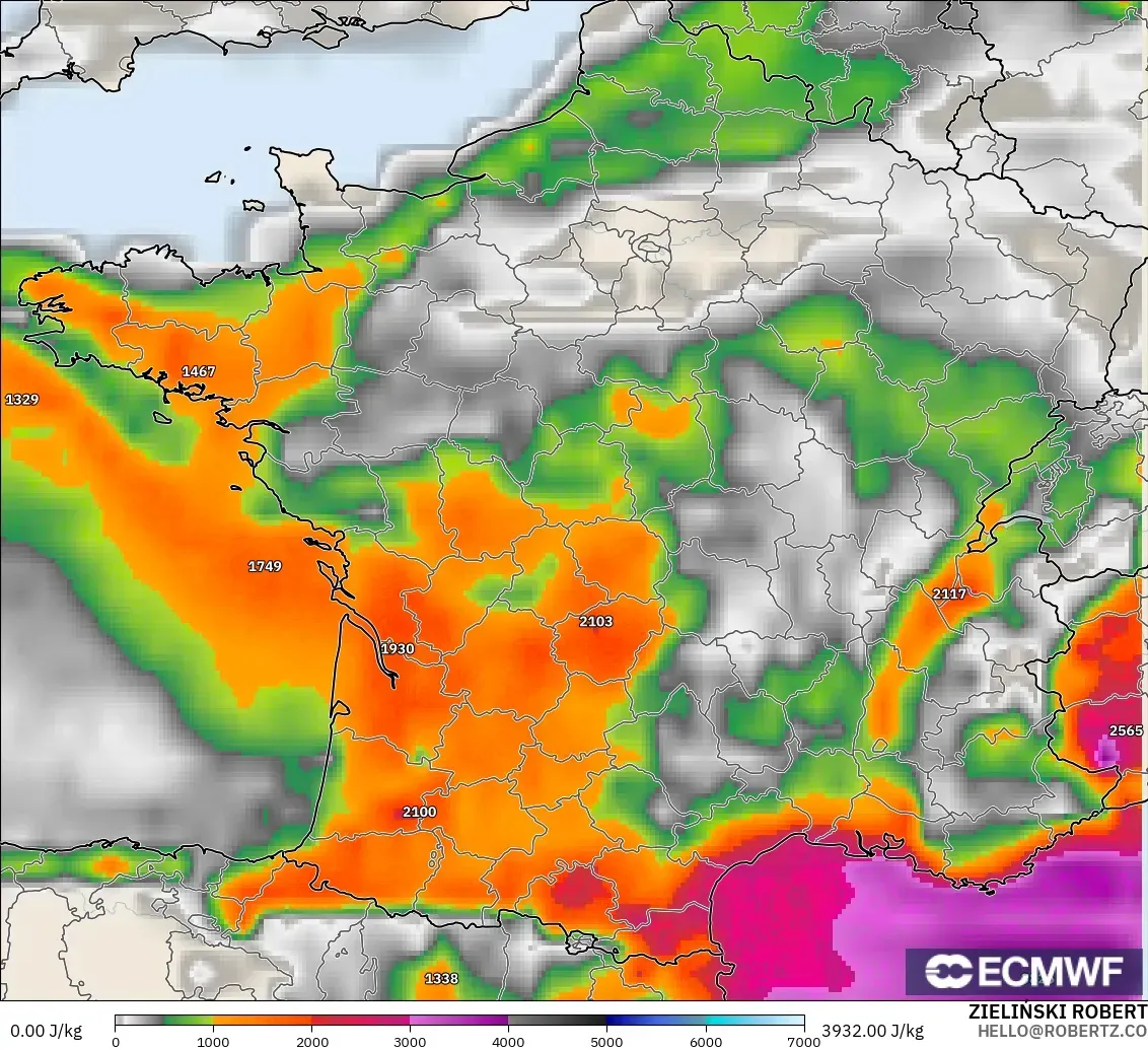 ECMWF IFS 0.25° modelo - Francia, CAPE
