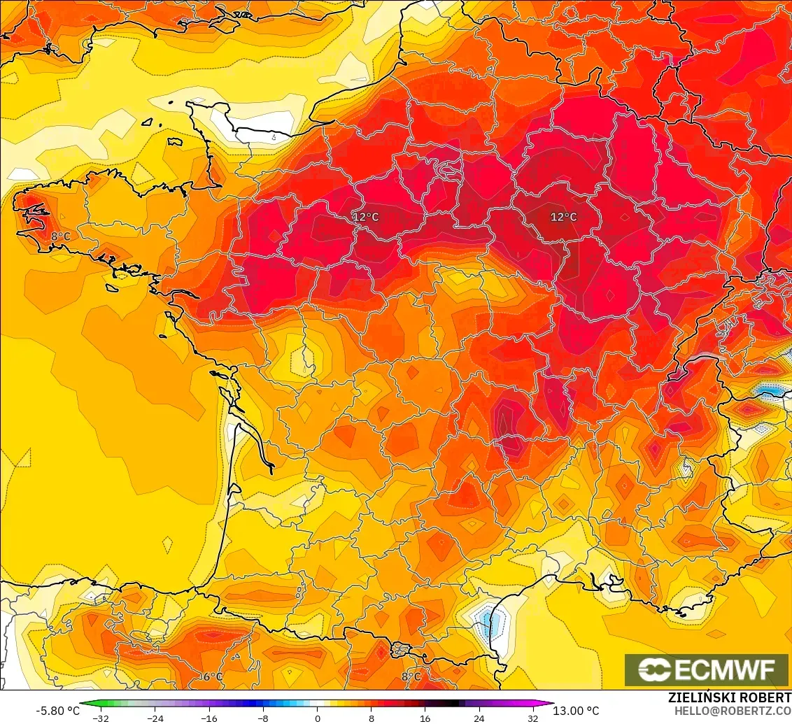 ECMWF IFS 0.25° modelo - Francia, Anomalía de temperatura a 2 m