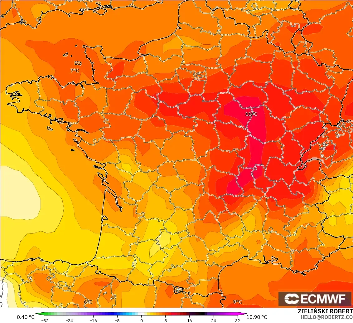 ECMWF IFS 0.25° modelo - Francia, Anomalía de temperatura a 850 hPa