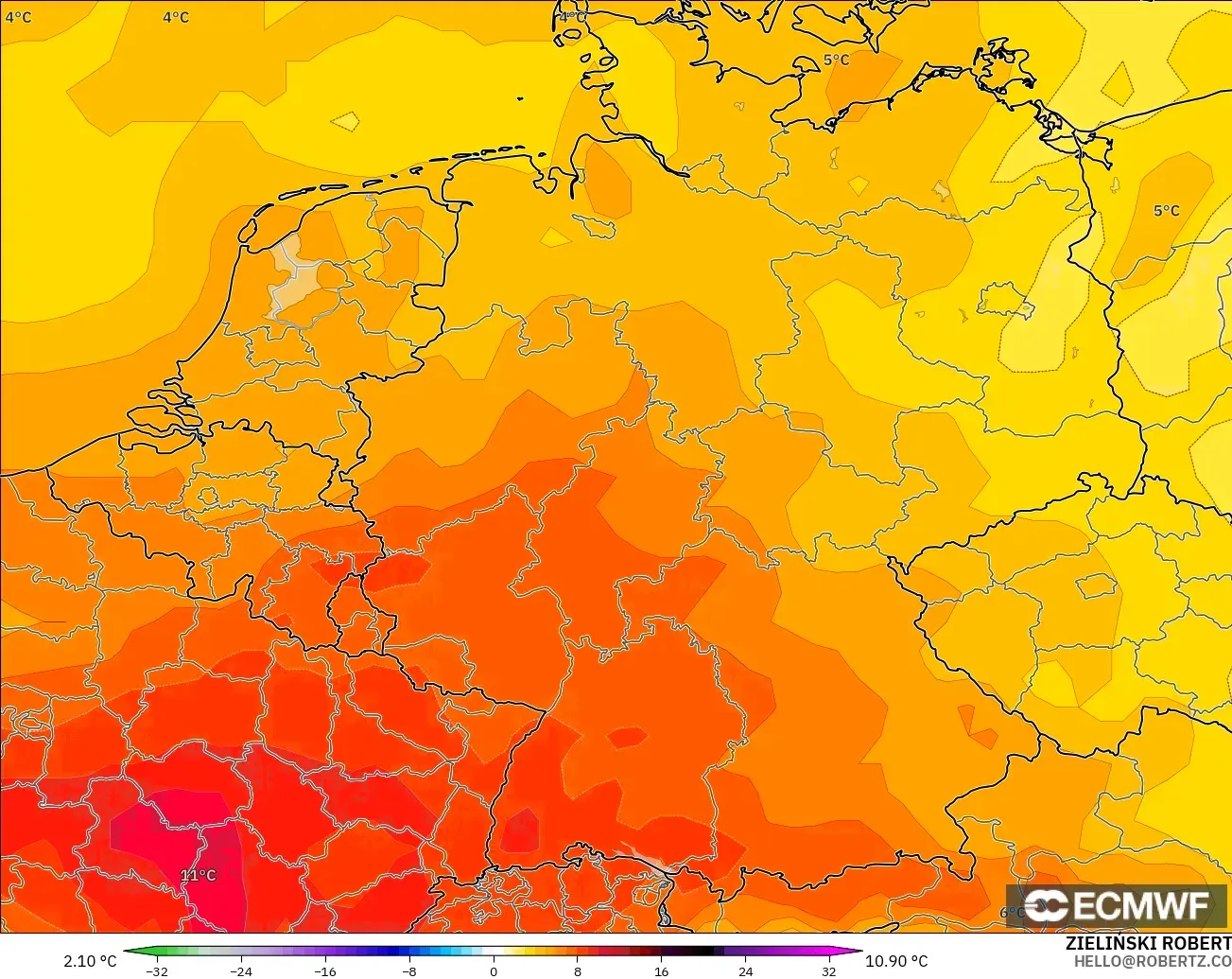 ECMWF IFS 0.25° modelo - Alemania, Anomalía de temperatura a 850 hPa