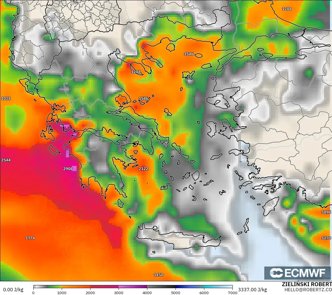 ECMWF IFS 0.25° modelo - Grecia, CAPE