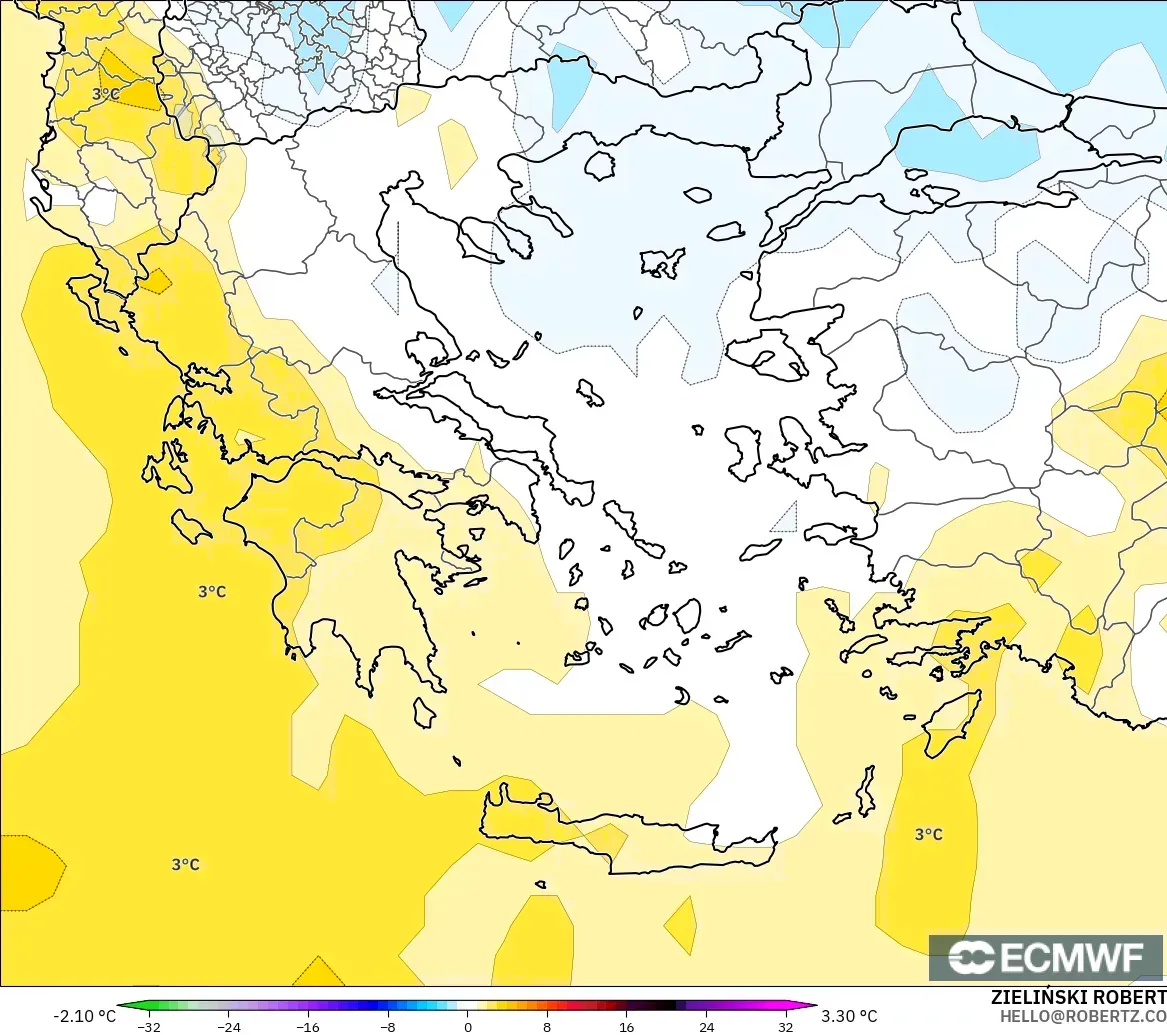 ECMWF IFS 0.25° modelo - Grecia, Anomalía de temperatura a 850 hPa