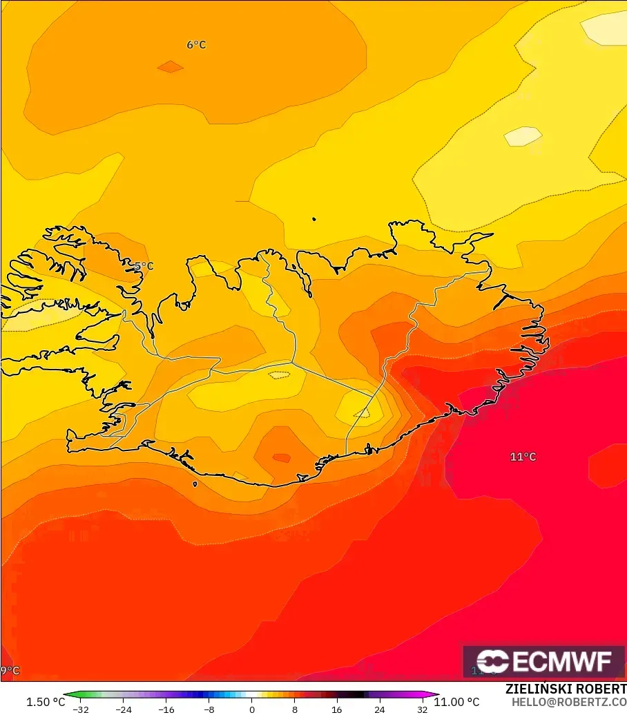 ECMWF IFS 0.25° modelo - Islandia, Anomalía de temperatura a 850 hPa