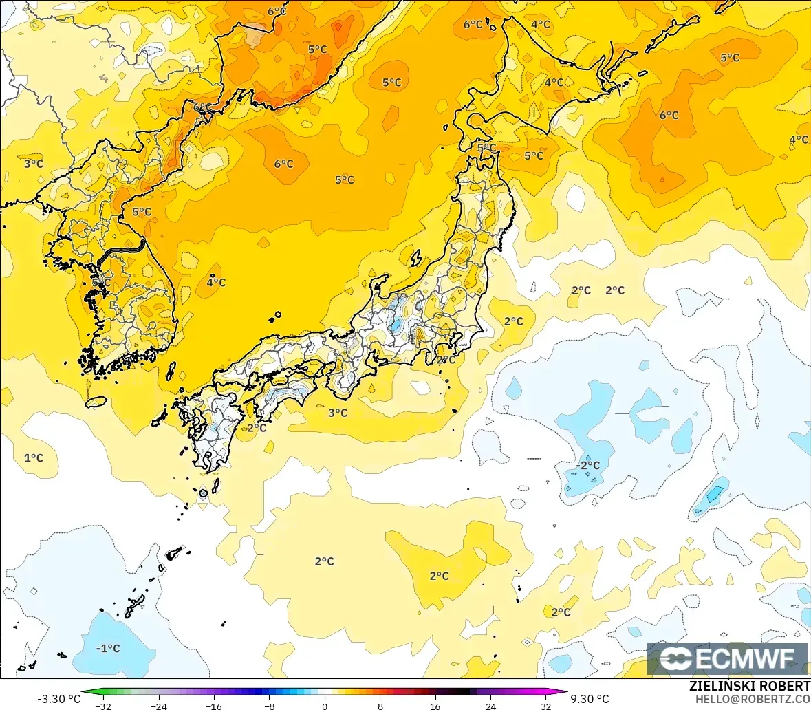 ECMWF IFS 0.25° modelo - Japón, Anomalía de temperatura a 2 m