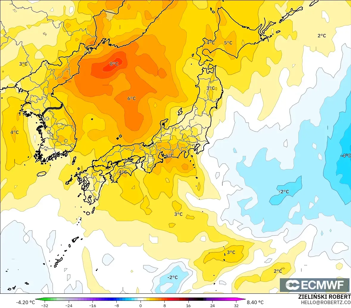 ECMWF IFS 0.25° modelo - Japón, Anomalía de temperatura a 850 hPa