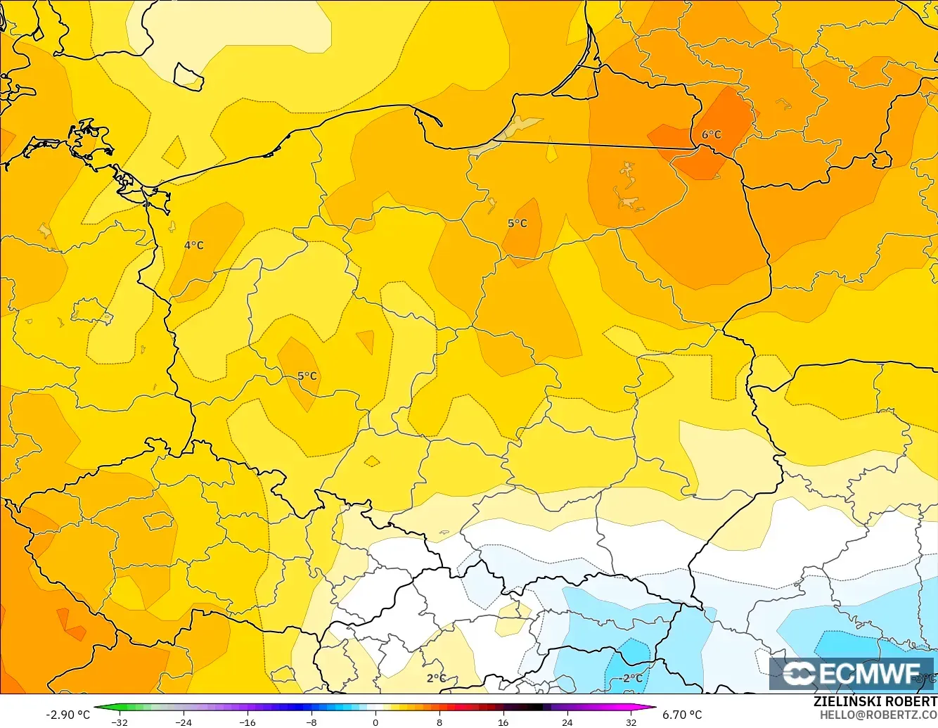 ECMWF IFS 0.25° modelo - Polonia, Anomalía de temperatura a 850 hPa
