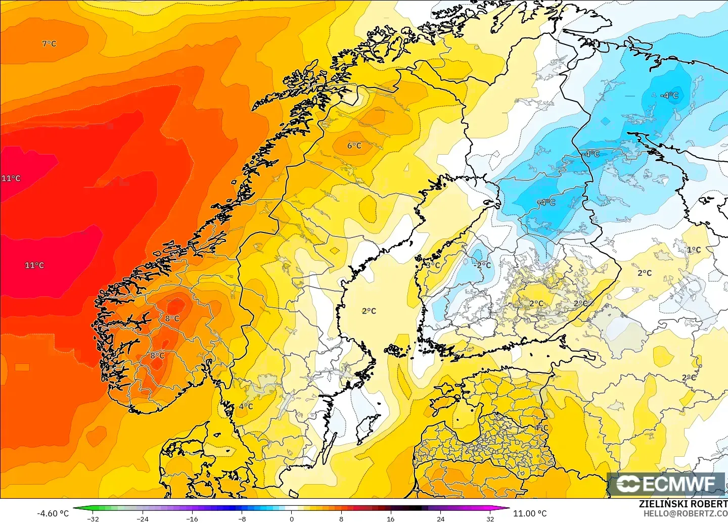 ECMWF IFS 0.25° modelo - Escandinavia, Anomalía de temperatura a 850 hPa